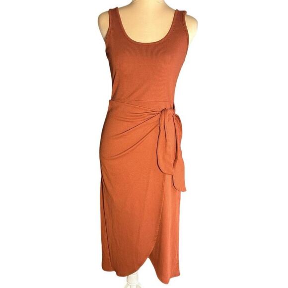 Nine Britton Dresses & Skirts - Nine Britton Ribbed Knit Midi Wrap Tank Dress Burnt Orange Summer Earthy PXS